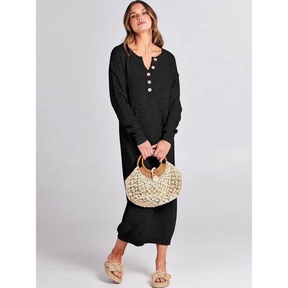 Women's 2024 Fall Knit Sweater Dress Long Sleeve Button V Neck Loose Casual (M) - Picture 6 of 8